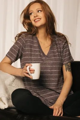 Stripe Supersoft Short Sleeve V-Neck with Shirttail Hem