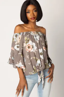 Light Floral Blouse with Bell Sleeves and Tie-Front