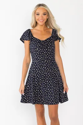 Ditsy Brushed Peasant Skater Dress with Tie-Front