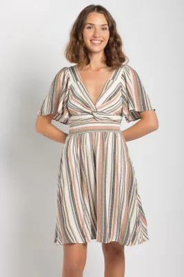 Stripe Bell Sleeve Knotted Bust Dress with Cut-Out
