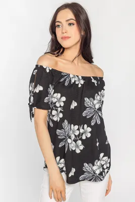 Floral Knit Off-Shoulder Top with Sleeve Ties