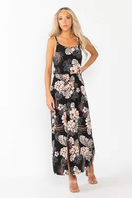 Dark Tropical Floral Maxi Dress with Side Slit