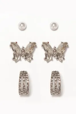 Pearl, Butterfly, and Huggie Earrings Set