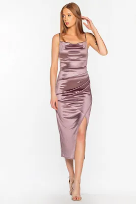 Stretch Satin Drape Neck Midi Dress