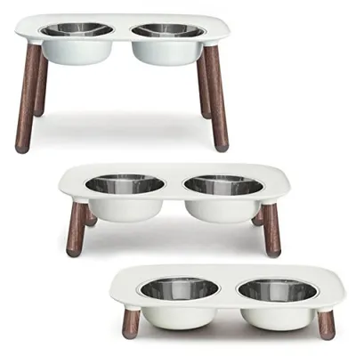 Messy Mutts - Elevated Double Feeder - Light Grey with Faux Wood Legs
