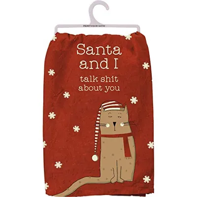 Primitives by Kathy - Kitchen Towel - Santa & Cat Talk about You