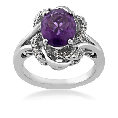 Oval Amethyst and Created White Sapphire Swirl Halo Ring Sterling Silver - ZR0823SB00-1