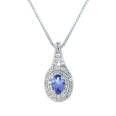 Genuine Oval Tanzanite and Created White Sapphire Double Halo Pendant in Sterling Silver - ZP6424SC98442