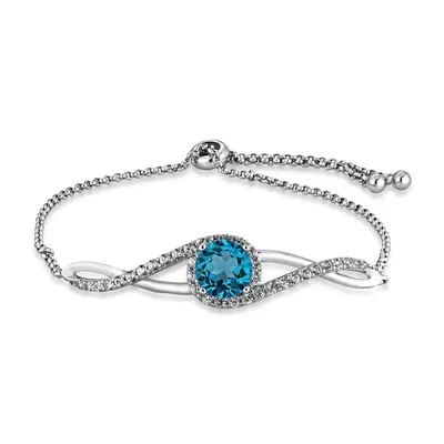 Genuine Round Swiss Blue Topaz & Created White Sapphire Bolo Bracelet in Sterling Silver  - FB30319SBT-CW