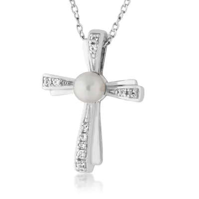 Freshwater Pearl & Created Sapphire Cross Pendant in Sterling Silver - P240694H018SS