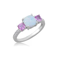 3-Stone Created Cushion Opal & Pink Sapphire Ring with White Accents Sterling Silver