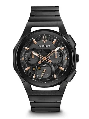 Bulova CURV Collection Men's 5-Hand Chronograph Watch with Rose Gold-Tone Accents & Exhibition Caseback in Black Stainless Steel - 98A207