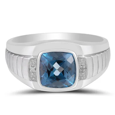 Men's Genuine Cushion Cut London Blue Topaz Ring with .01 ct. tw. Diamond Accents Sterling Silver -WR0068SSLBD