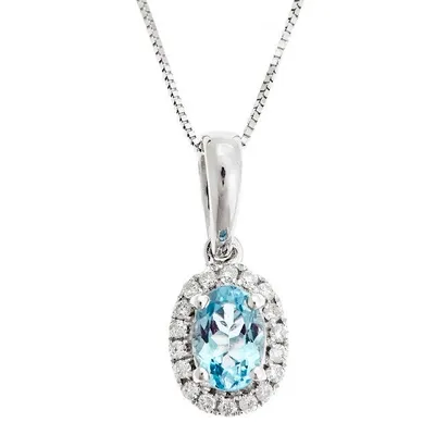 Genuine Oval Aquamarine and 1/10 ct. tw. Round Diamond Halo Pendant in 10K White Gold - GJ10507P