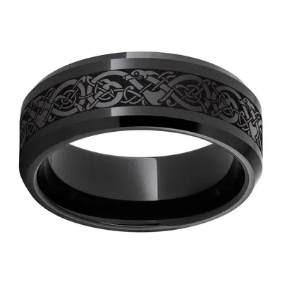 Men's 8.0mm Black Laser-Etched Viking Designed Wedding Band Ceramic