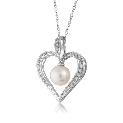 White Freshwater Pearl & Created White Sapphire Heart Pendant in Sterling Silver