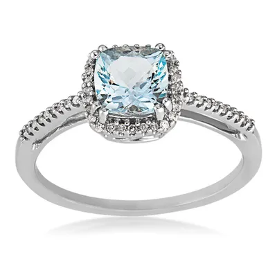 Genuine Cushion Cut Aquamarine & 1/10 ct. tw. Round Diamond Halo Ring 10K White Gold - RF654370AQ