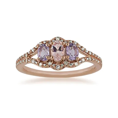 3-Stone Oval Morganite, Rose De France Amethyst & 1/10 ct. tw. Diamond Ring 10K Pink Gold