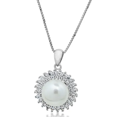 9-10mm Freshwater Cultured Pearl Pendant with Created White Sapphire Double Starburst Halo in Sterling Silver