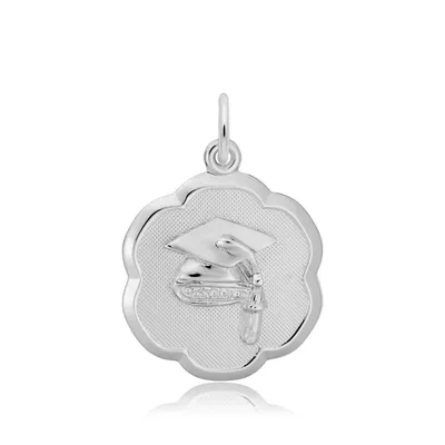 Graduation Cap Scalloped Disc Charm in Sterling Silver