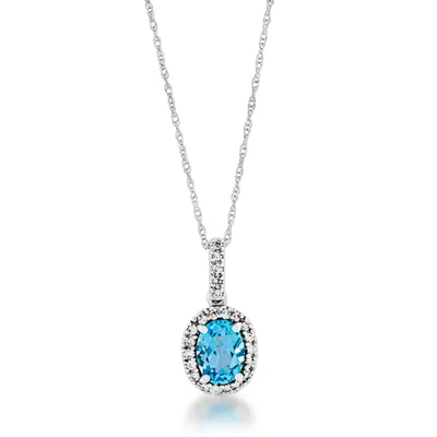 Genuine Oval Swiss Blue Topaz & 1/10 ct. tw. Diamond Halo Pendant in 10K White Gold - DP1740C-BTD