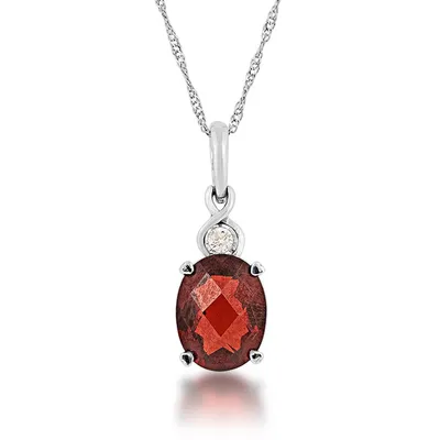 Oval Garnet & Diamond Accent Pendant in 10K White Gold