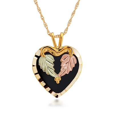 Black Hills Gold Onyx Heart Pendant with Heart-Shaped Leaf Accent in 10K Yellow Gold