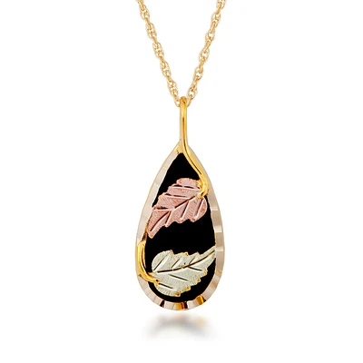 Black Hills Gold Pear Onyx Teardrop Pendant in 10K Yellow Gold