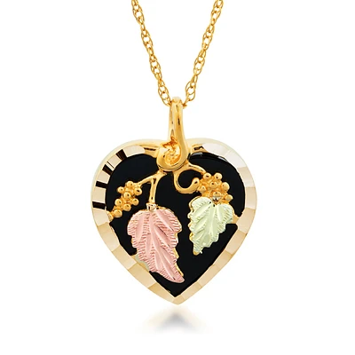 Black Hills Gold Onyx Heart Pendant with Grapevine & Leaf Accent in 10K Yellow Gold