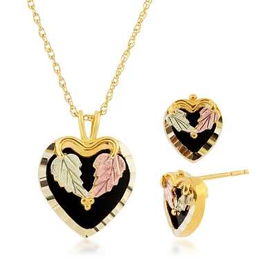 Black Hills Gold Onyx Heart Pendant & Earring Set with Heart-Shaped Leaf Accent in 10K Yellow Gold