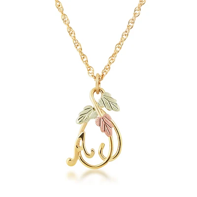 Black Hills Gold Hanging Vine with Leaves Initial Letter A Pendant in 10K Yellow Gold