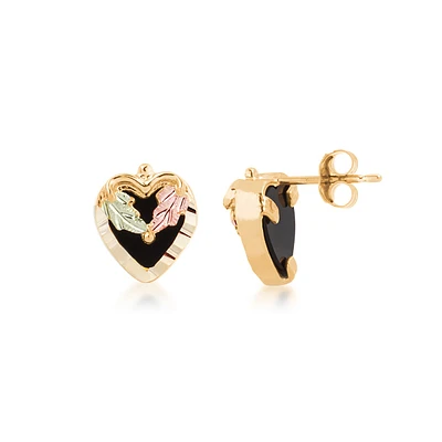 Black Hills Gold Onyx Heart Earrings with Heart-Shaped Leaf Accent in 10K Yellow Gold