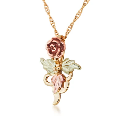 Black Hills Gold Rose & Triple Leaf Vine Pendant in 10K Yellow Gold