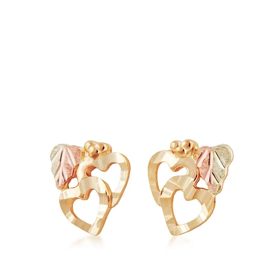 Black Hills Gold Diamond Cut Double Heart & Two-Tone Leaf Earrings in 10K Yellow Gold