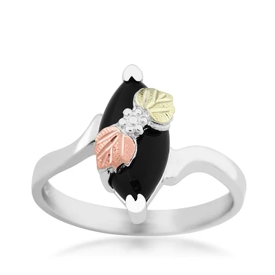 Black Hills Gold Marquise Onyx Double Leaf Ring Sterling Silver