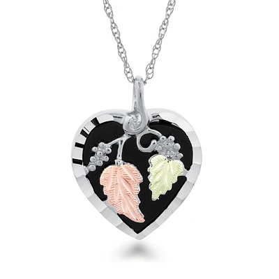 Black Hills Gold Onyx Heart Pendant with Grapevine & Leaf Accented Center in Sterling Silver