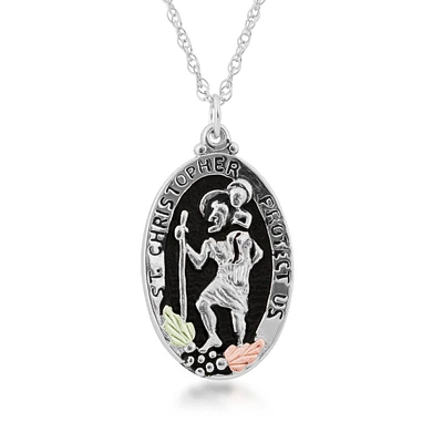 Black Hills Gold Antiqued Oval Saint Christopher Medal Pendant in Sterling Silver