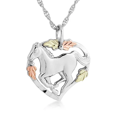 Black Hills Gold Four Leaf Running Horse Heart Pendant in Sterling Silver