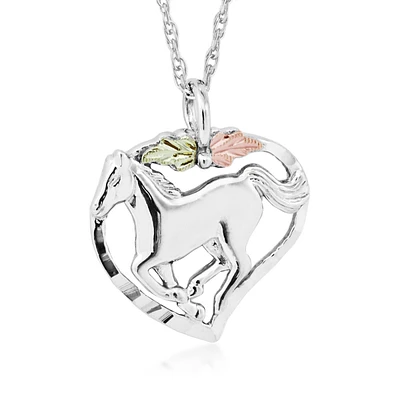 Black Hills Gold Double Leaf Running Horse Heart Pendant in Sterling Silver