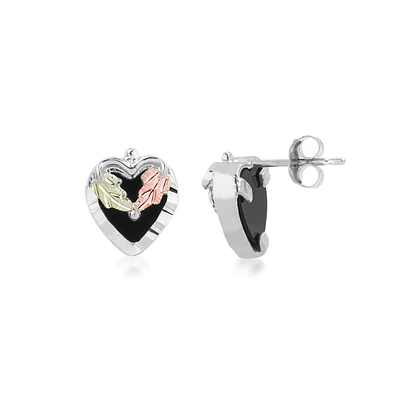 Black Hills Gold Onyx Heart Earrings with Heart-Shaped Leaf Accent in Sterling Silver 