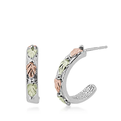 Black Hills Gold Pink & Green Leaf J Hoop Earrings in Sterling Silver