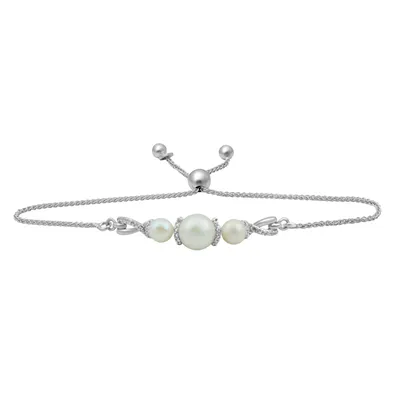 Cultured Freshwater Pearl and Created White Sapphire Bolo Bracelet in Sterling Silver