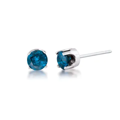 1 ct. tw. Round Brilliant Treated Blue Diamond Solitaire Earrings in 14K White Gold