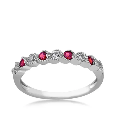 Created Round Ruby & White Topaz Stackable Ring with Milgrain Twist Band 10K Gold