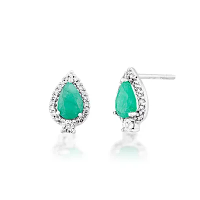 Genuine Pear Shaped Emerald & 1/10 ct. tw. Diamond Halo Earrings in 10K White Gold - 483798EF0E7