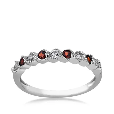 Genuine Round Garnet & White Topaz Stackable Ring with Milgrain Twist Band 10K Gold - FR30450GAR