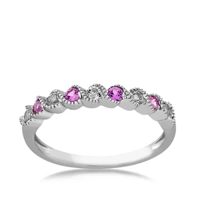 Created Pink Sapphire & White Topaz Stackable Ring with Milgrain Twist Band 10K Gold -FR30450CPSA