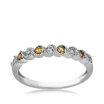Genuine Round Citrine & White Topaz Stackable Ring with Milgrain Twist Band 10K Gold - FR30450CI-10W