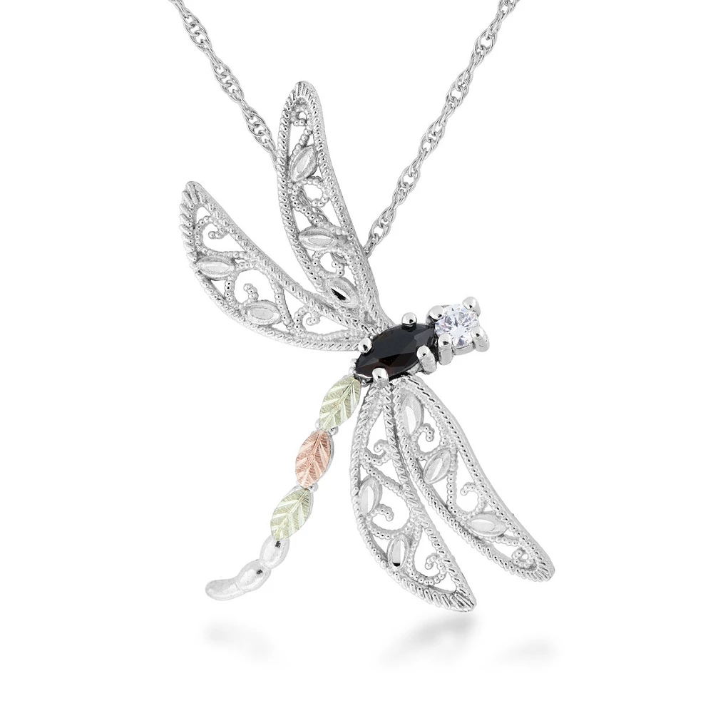 Black Hills Gold Marquise Onyx & Cubuic Zirconia Dragonfly Pendant in Sterling Silver 