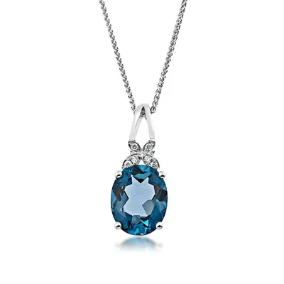 Impulse Collection Oval London Blue Topaz & Diamond Accent Floral Pendant in 14K White Gold